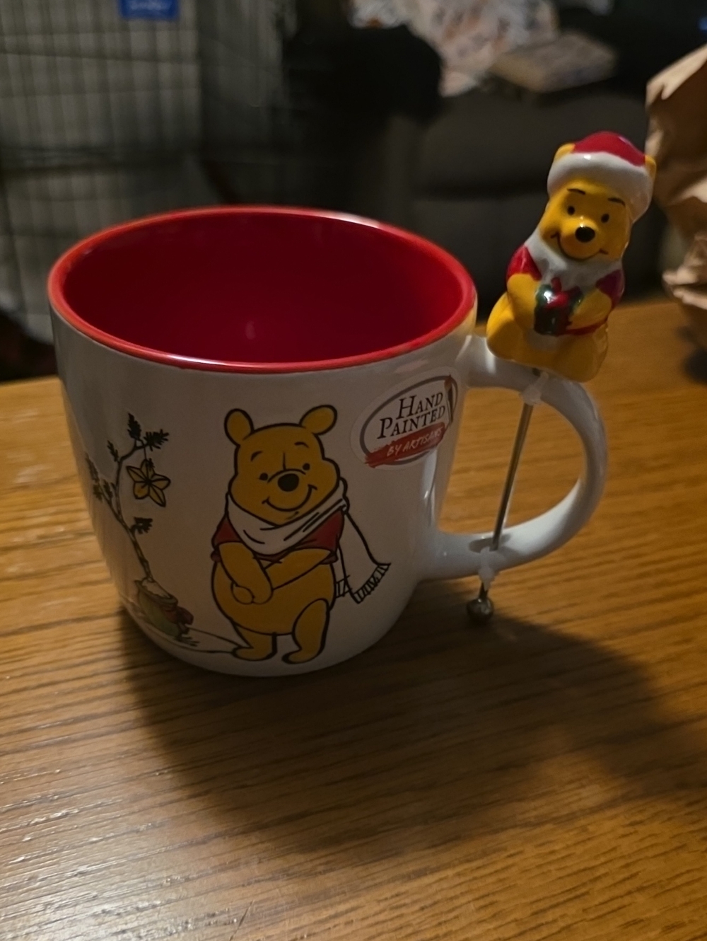 Disney White Ceramic Winnie the Pooh Mug with Red Interior and Pooh Stir Stick
